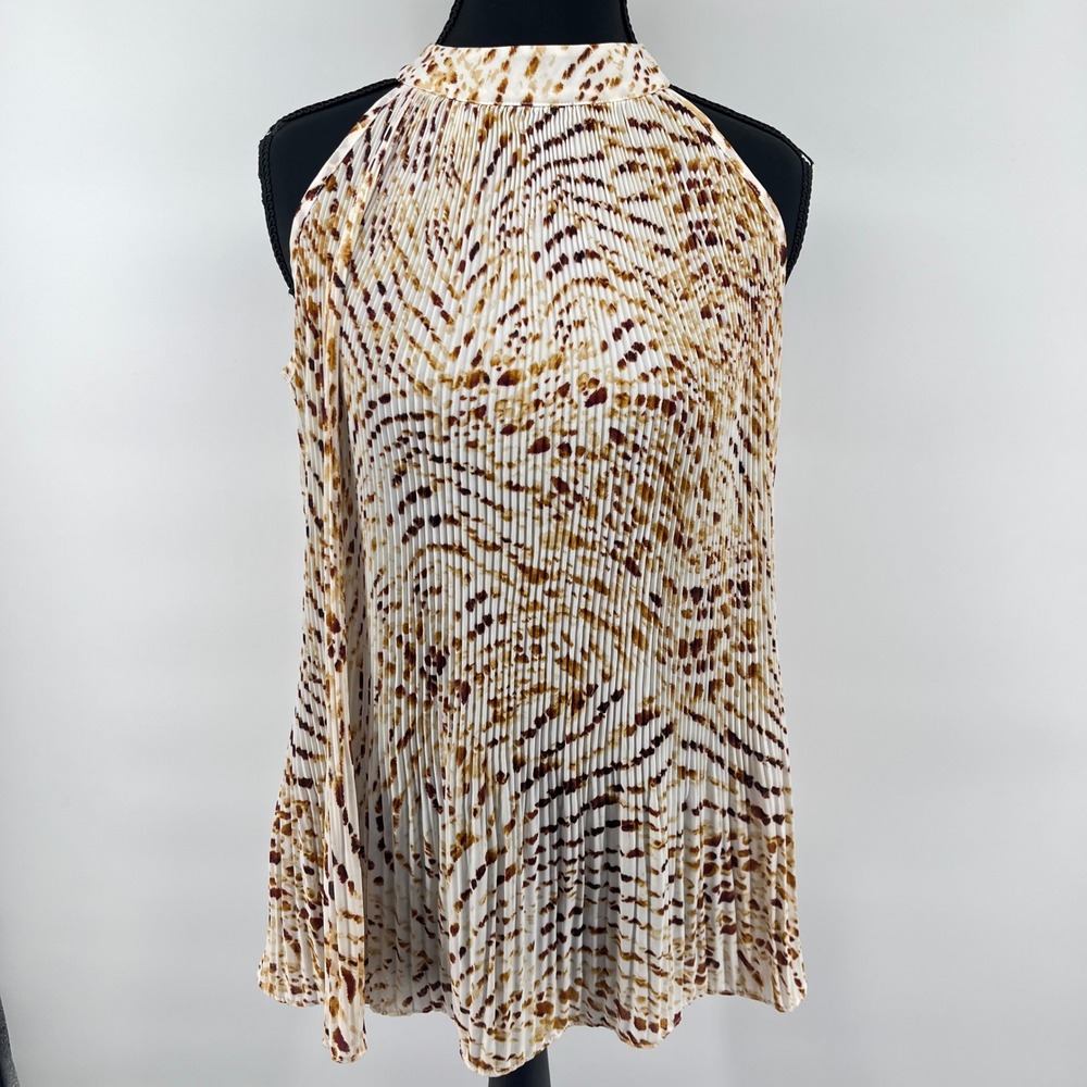 Sioni Women's S Pleated Mock Neck Sleeveless Tie Back Top Animal‎ Print